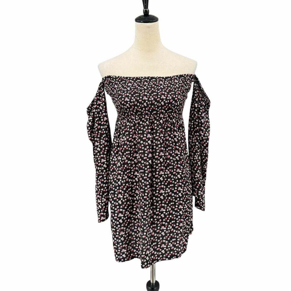 Exist NWT Juniors Black & Pink Floral Smocked Off the Shoulder Flowy Mini Dress